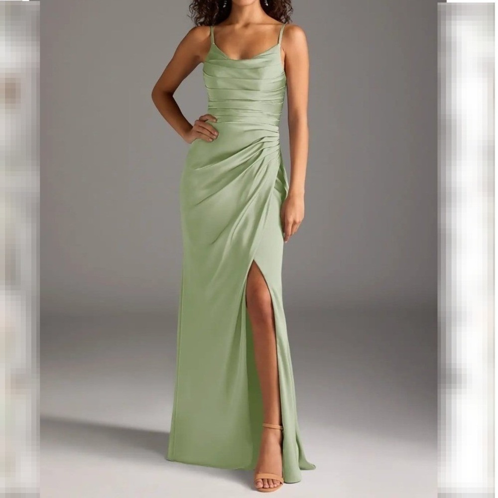 Azazie Deandra bridesmaid dress Ruched Gown Sage Formal Maxi A4 wedding guest